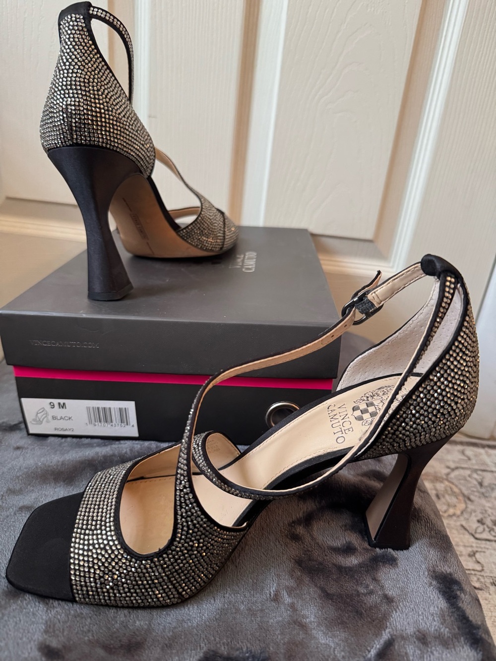 Vince Camuto Black Crystal Mesh T-Strap Heels
